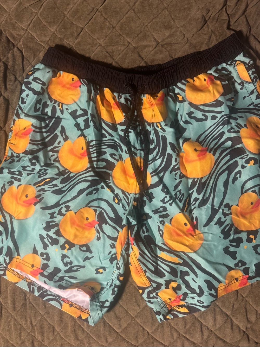Rubber Duck Print Swim Trunks - Yellow on Aqua